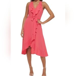 Kensie Ruffle Trim Faux Wrap Dress, Watermelon, Size 6